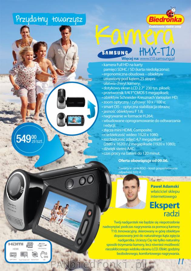 Kamera HMX-T10 Samsung. Full HD na karty. Rozdzielczość zdjęć 4,7MPX, wideo ...