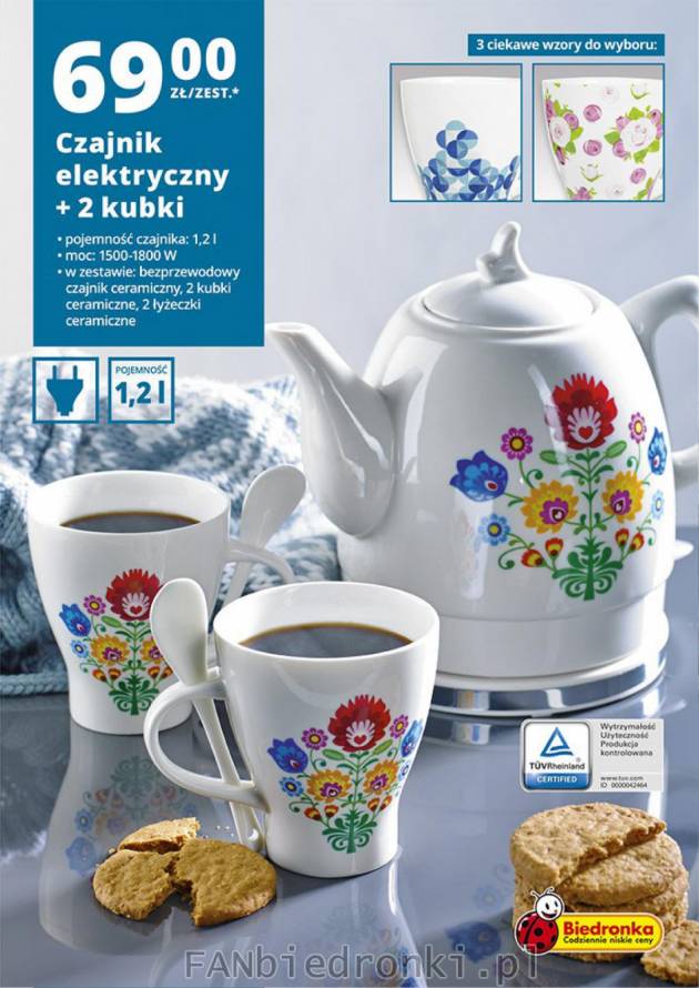 Elektryczny czajnik z ciekawymi zdobieniami: motyw folkowy, kwiatki, niebieskie ...