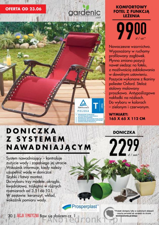 Fotel ogrodowy z funkcją leżenia dostępny w kolorze czerwonym i zielonym za 99 zł.