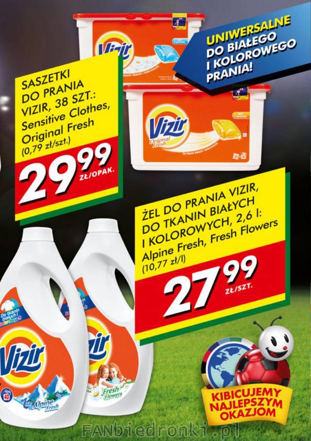 Saszetki do prania Vizir 38 sztuk do prania białych i kolorowych ubrań za 29,99 zł.