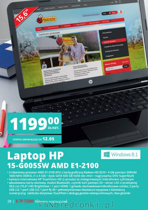 Laptop HP z systemem Windows 8,1 i monitorem 15,6&#039;&#039; cali za 1199 zł.