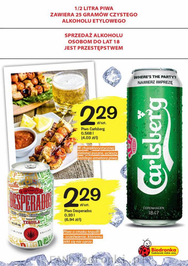 Piwo Carlsberg za 2,29 zł i piwo Desperados 0,33 l za 2,29 zł.