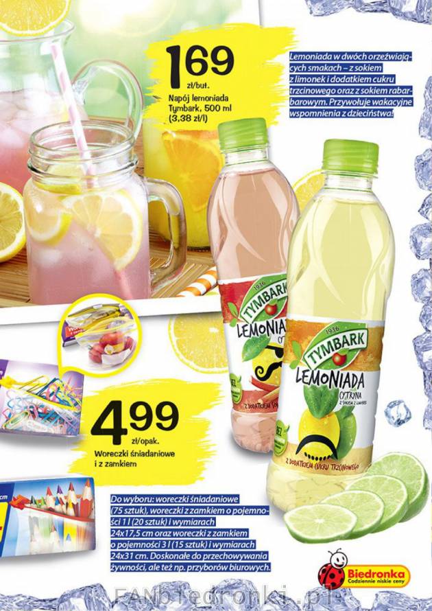 Lemoniada Tymbark o smaku cytrynowym i rabarbarowym za 1,69 zł.