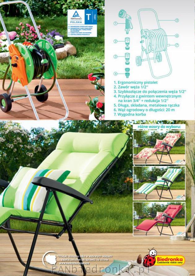Zestaw ogrodowy: wąż + wózek + pistolet,wygodny rozkładany fotel Bilbao