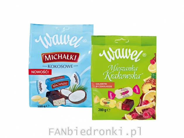 Cukierki Wawel, 280 g, cena: 4,99 PLN, 
- Michałki kokosowe,
- Galaretka w czekoladzie
- ...