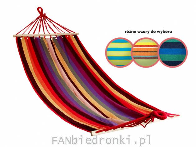 Hamak, cena: 34,99 PLN, 
- wymiary: 200x100 cm
- materiał: 65% bawełna, 35% ...