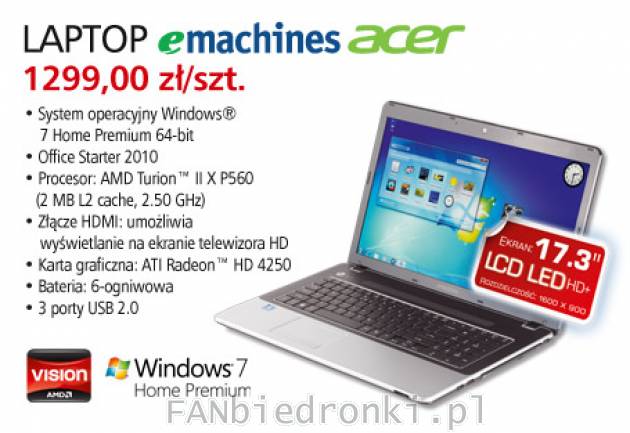 Laptop Acer emachines, Cena: 1299,00 zł/szt.
- Windows 7 Home premium
- Office ...