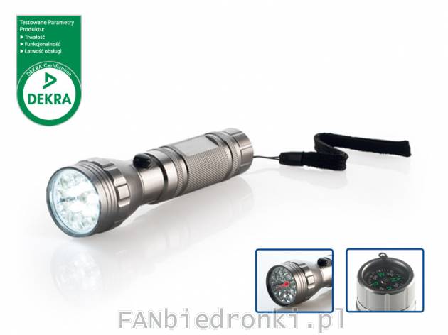 Latarka LED z laserem, cena: 14,99 PLN, 
- 3 tryby pracy: 5 diod LED, 15 diod LED ...