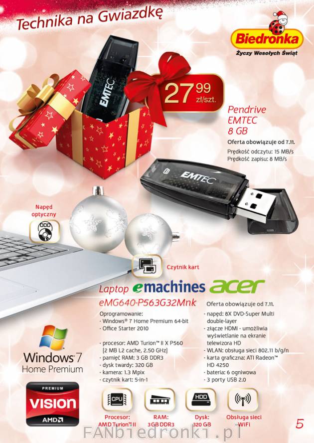 Pendrive 8GB Emtec, cena 28PLN, Parametry Laptopa Acer emachines z Biedronki
Uwaga, ...