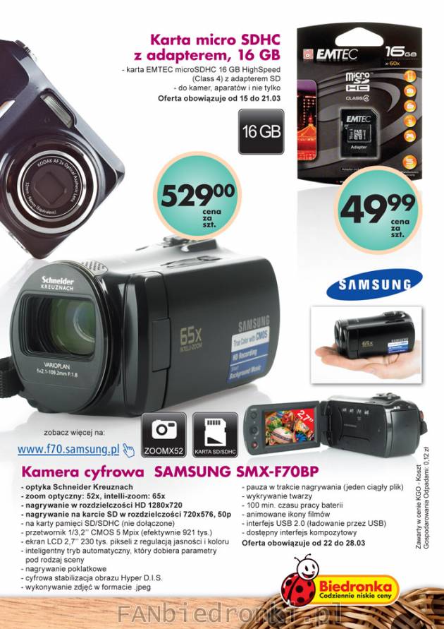 Kamera cyfrowa HD Samsung SMX-F70BP, cena 529PLN