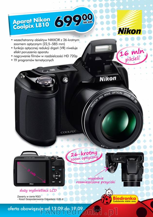 Aparat fotograficzny Nikon Coolpix L810 w cenie 699PLN. Obiektyw Nikkor, 16MPX