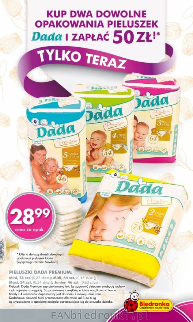 Pieluszki Dada Premium cena 28,99 zł.