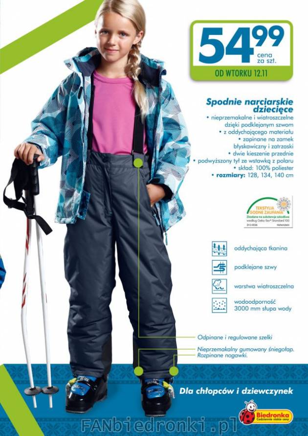 Spodnie narciarskie dla dzieci w Biedronce za 54,99 zł:
- chronią przed zimnem ...