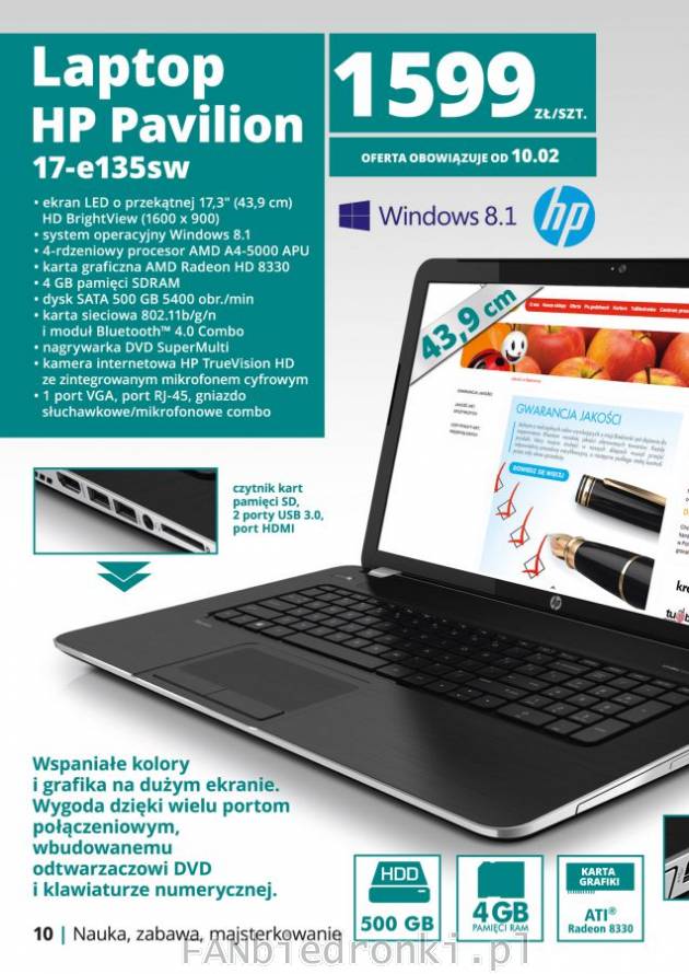 Laptop HP Pavilion 17-e135sw,ekran LED, system operacyjny Windows 8.1, 4-rdzeniowy ...