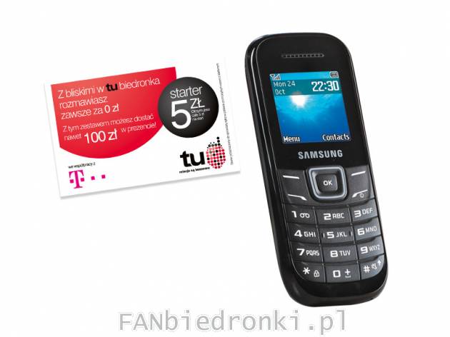 Telefon Samsung E1200 ze starterem tu biedronka, cena: 69,00 PLN, 
- udoskonalony ...