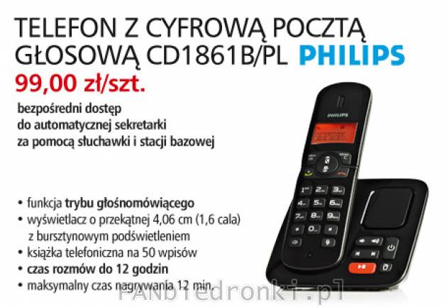 Telefon z cyfrową pocztą głosową Philips, Cena: 99,00 zł/szt.
- Philips CD18661B/PL
- ...