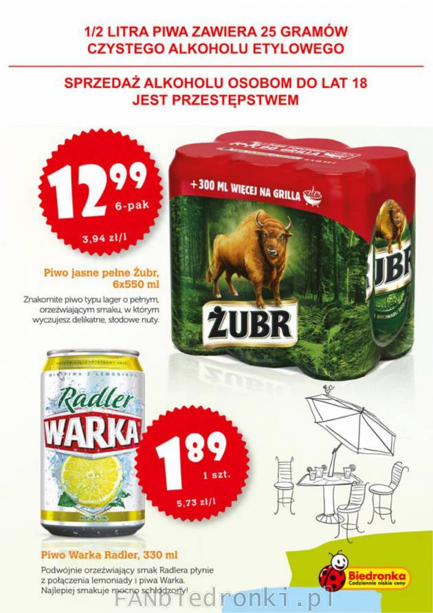 Piwo Warka Radler za 1,89 zł i piwo typu lager Żubr w 4-paku za 12,99 zł w Biedronce.
